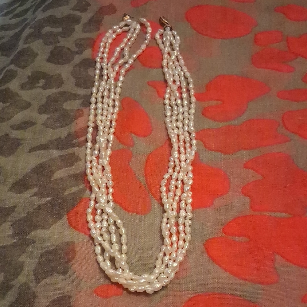 Elegant VintagePearl Necklace Five Strand Freshwater Rice Pearls Necklace